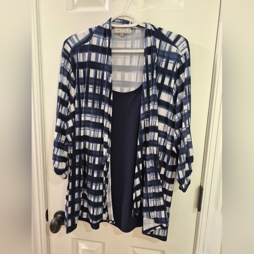 Navy and White Plaid Cardigan with Tank Top